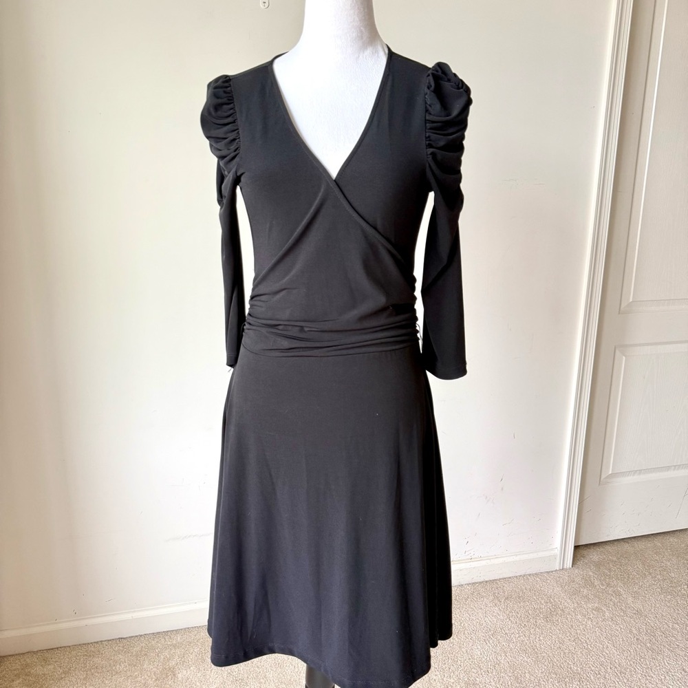 ECI Black Ruched Puff Sleeve Surplice 3/4 Sleeve Dress—SZ. 4
